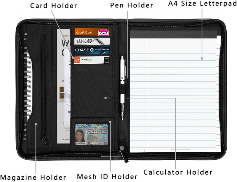 Gorbado Zippered Portfolio Organizer/ A4 Refillable Lined Writing Notepad Folder Case/Fabric-Covered Padfolio Binder with Interior Storage Pocket for Men Women.Classic Black - Image 2